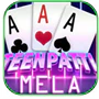 Teen Patti Mela game icon with pink lettering and three aces